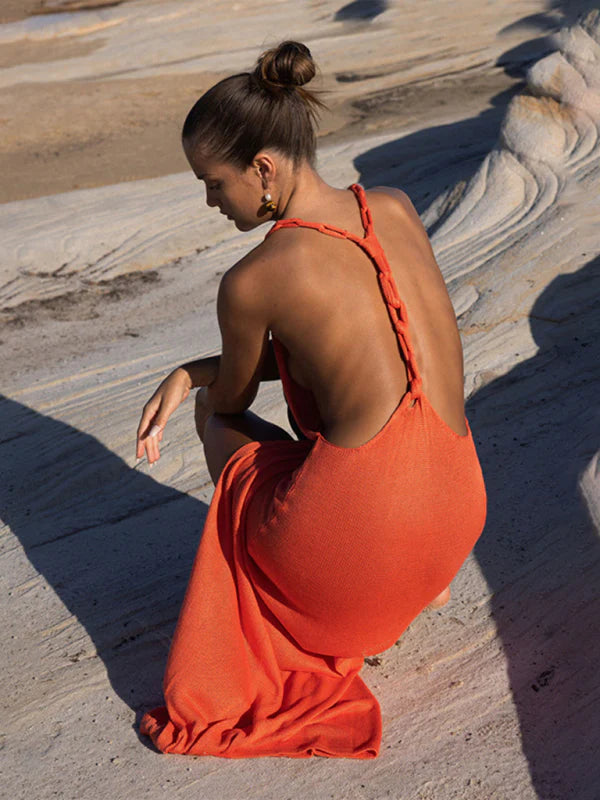 Qienna Dress | Knitted Floor Length Beach Dress With Open Back