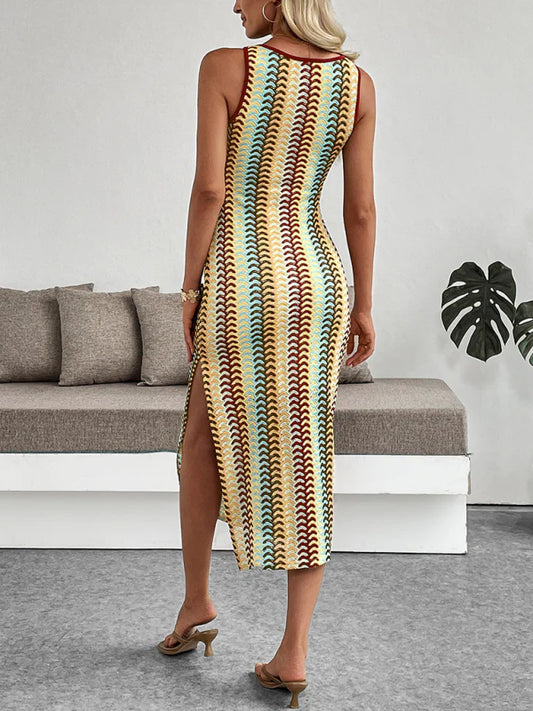 Qirelle Dress | Striped Crochet Fitted Midi Dress
