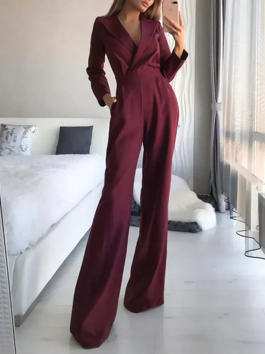 Quelinah Jumpsuit | Women's Autumn Wide-Leg V-Neck Jumpsuit