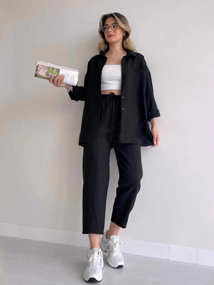 Quintessa Co-Ord Set | Oversized Button-Up Shirt & Wide-Leg Trousers