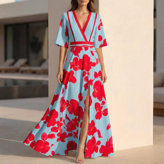 Isabella Floral Split Maxi Dress | Elegant V-Neck Summer Resort Dress