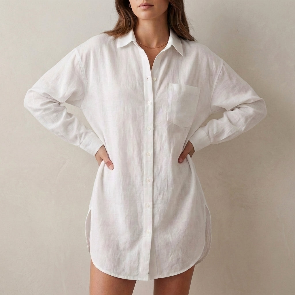 Isla Oversized Tunic Shirt | Collared V-Neck Button Front Shirt