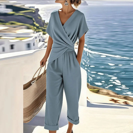Olivia Relaxed Fit Wrap Blouse and Cropped Trousers Two-Piece Set | V-Neck Wrap Front Blouse Hip-Length Trousers