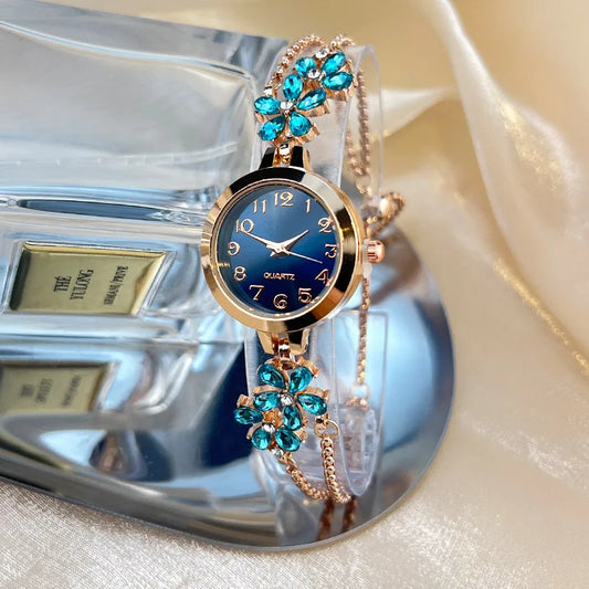 Isla Floral Jeweled Bracelet Style Wristwatch | Fur Trim Wristwatch
