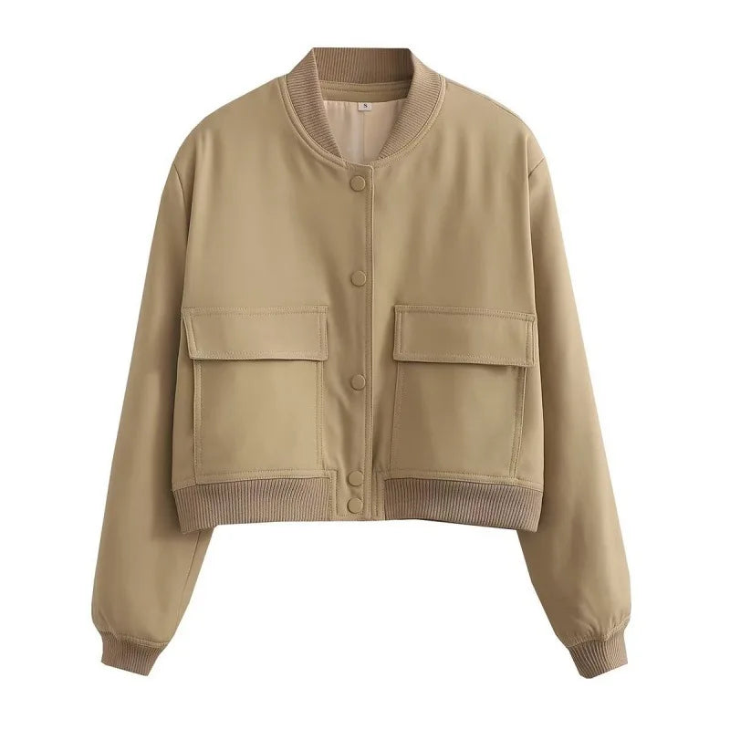 Clara Cropped Bomber Jacket | Snap Buttons Flap Pockets Bomber Jacket