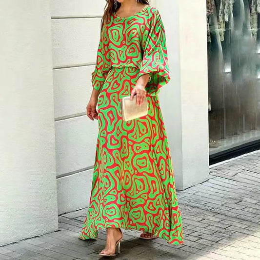 Selin Dress | Long Sleeve Round Neck Cinched Waist All-Over Print Dress