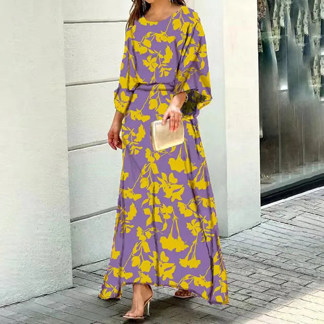 Selin Dress | Long Sleeve Round Neck Cinched Waist All-Over Print Dress