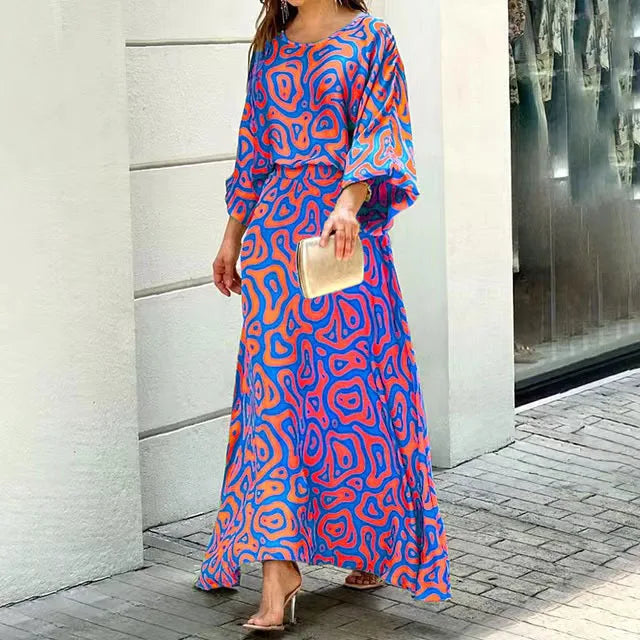 Selin Dress | Long Sleeve Round Neck Cinched Waist All-Over Print Dress