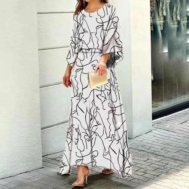 Selin Dress | Long Sleeve Round Neck Cinched Waist All-Over Print Dress