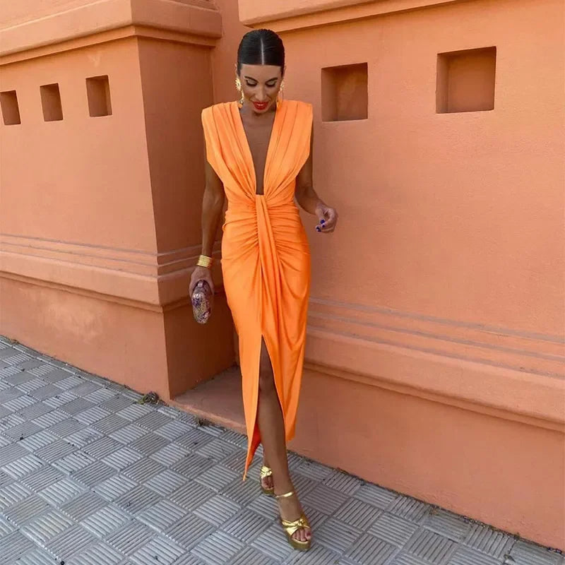Selya Dress | Deep V Neck Sleeveless Satin Split Dress