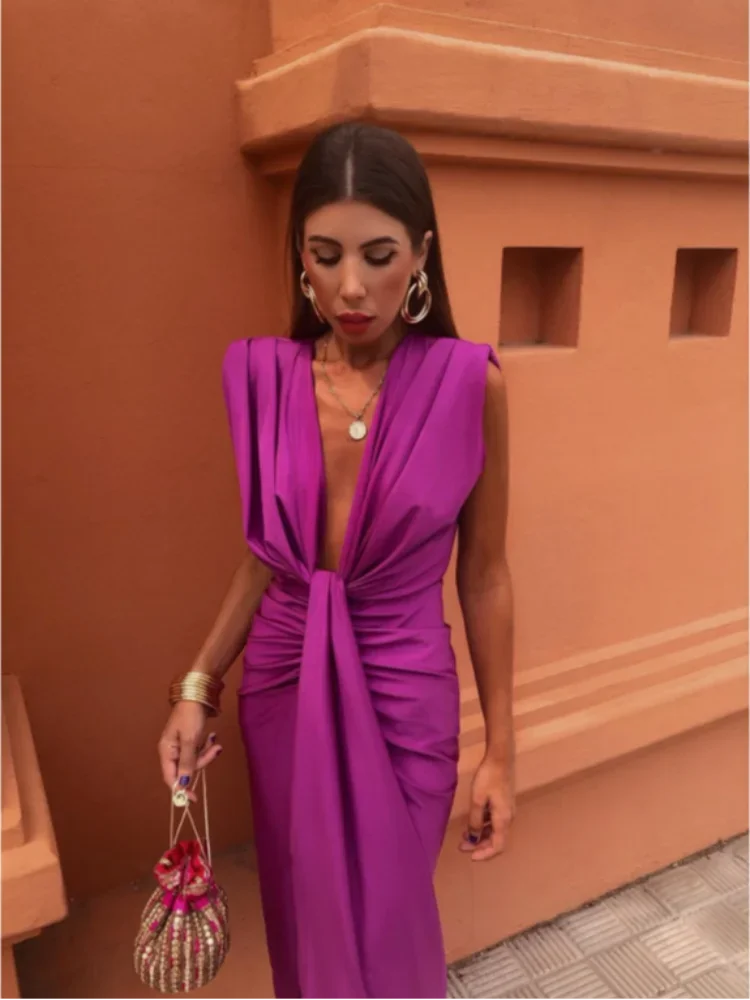 Selya Dress | Deep V Neck Sleeveless Satin Split Dress