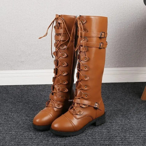 Isabella Leather Lace-Up Combat Boots | Buckled Mid-Calf Boots