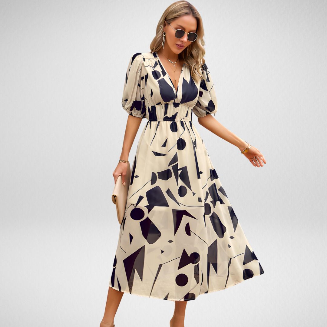 Stefanie Dress | Floral Maxi Dress with Puff Sleeve & V-Neck