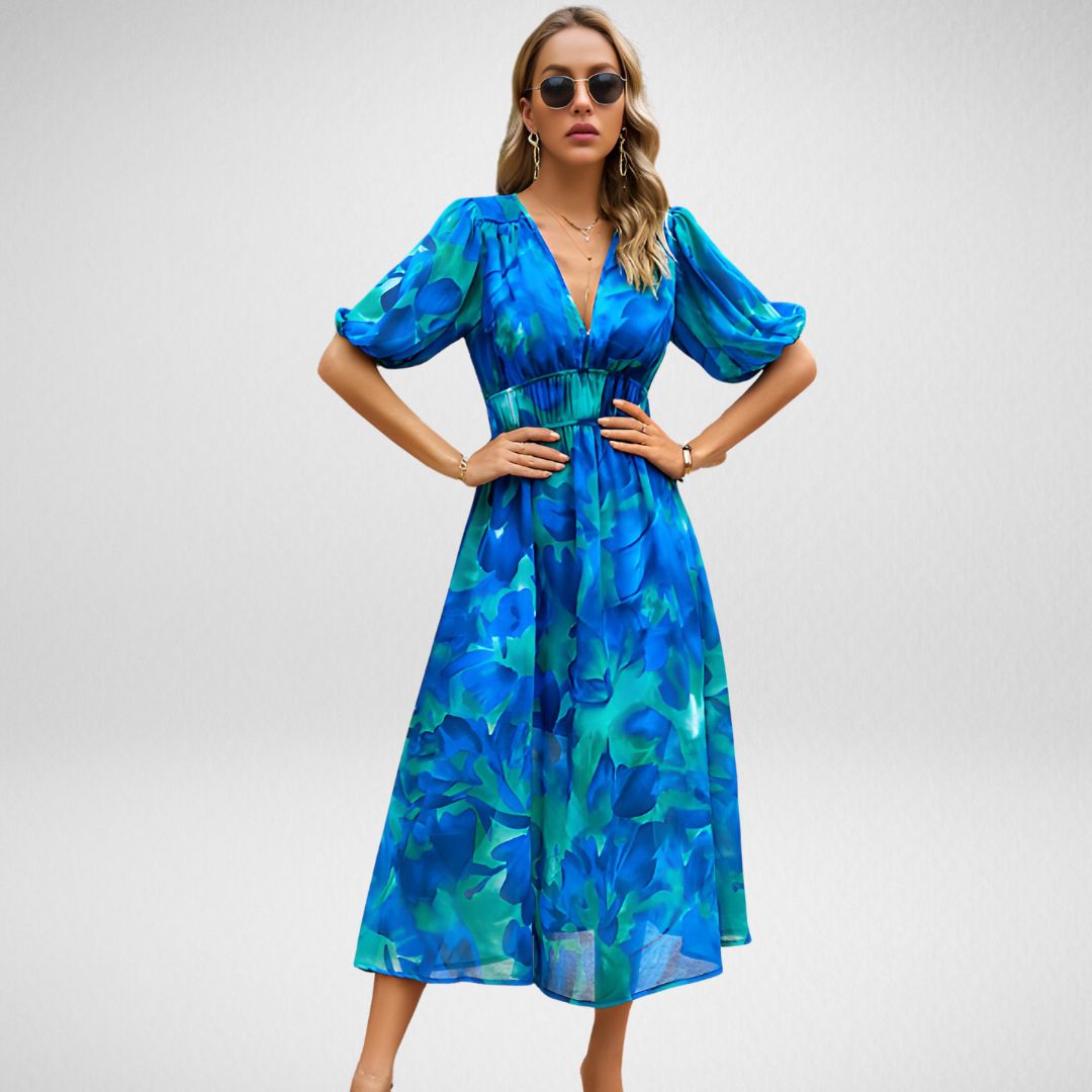 Stefanie Dress | Floral Maxi Dress with Puff Sleeve & V-Neck