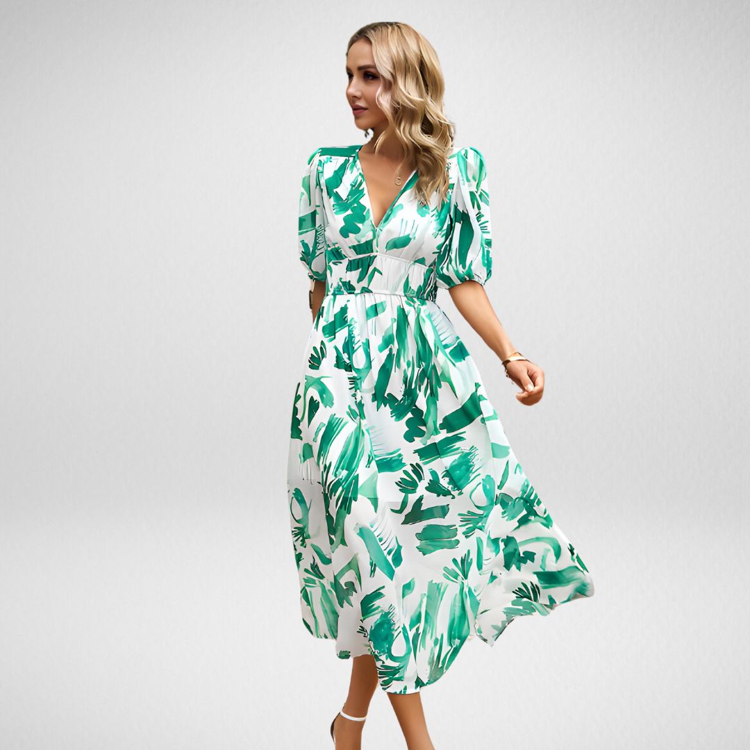 Stefanie Dress | Floral Maxi Dress with Puff Sleeve & V-Neck