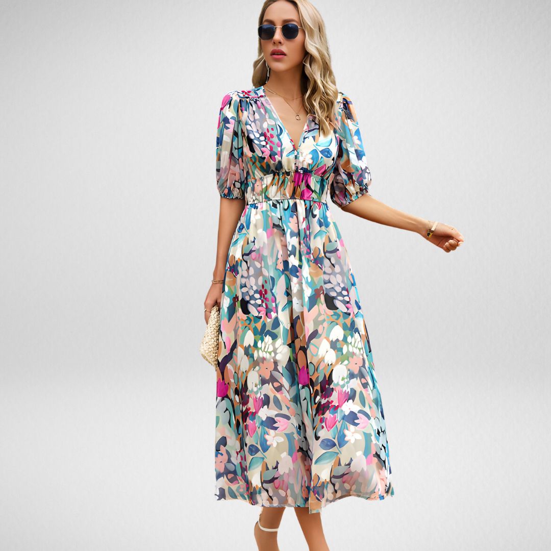 Stefanie Dress | Floral Maxi Dress with Puff Sleeve & V-Neck