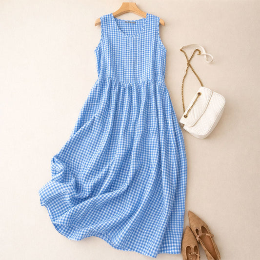 Isabella Relaxed A-Line Midi Dress | Check Scoop Neck Dress