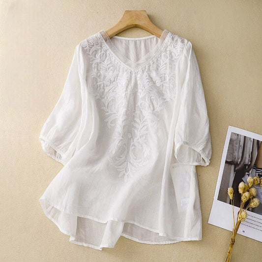 Isla Relaxed Fit Blouse | Embroidered V-Neck Three-Quarter Sleeve Blouse