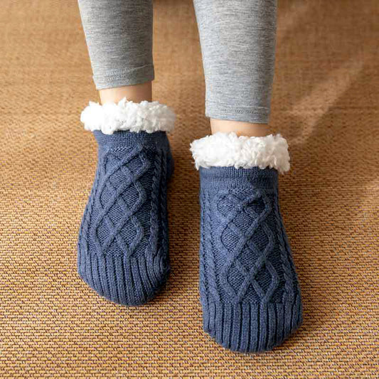 Isla Fitted Slipper Socks | Cable Knit Fur Trim Ankle-Length Slipper Socks
