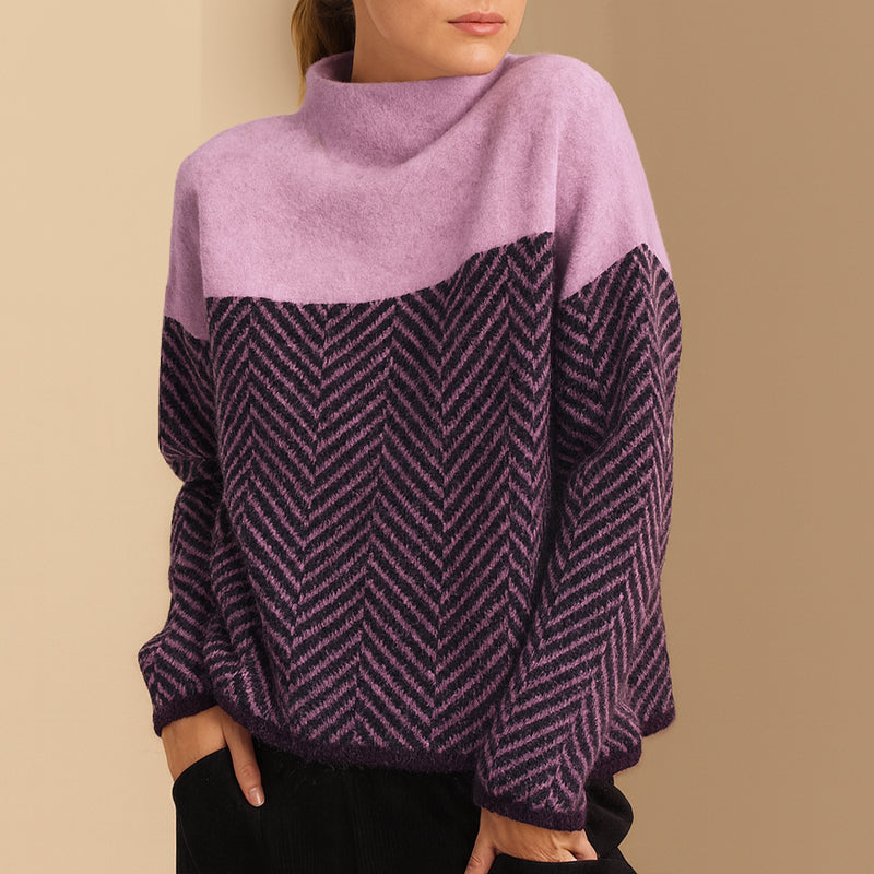 Amelia Chevron Pattern Relaxed Fit Turtleneck Sweater | Long Sleeve Hip-Length Sweater
