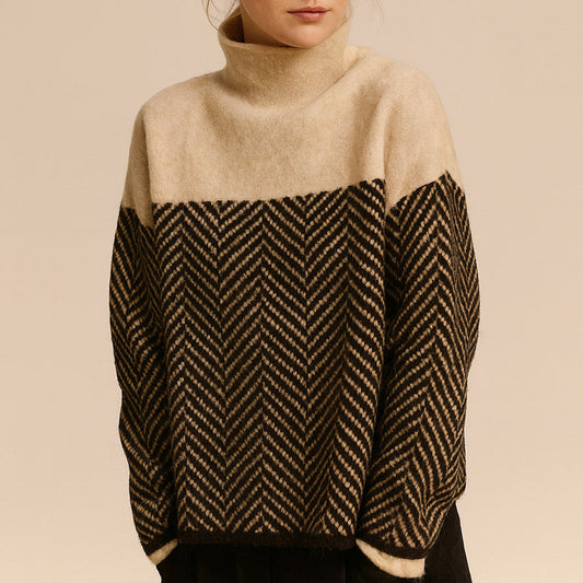 Amelia Chevron Pattern Relaxed Fit Turtleneck Sweater | Long Sleeve Hip-Length Sweater