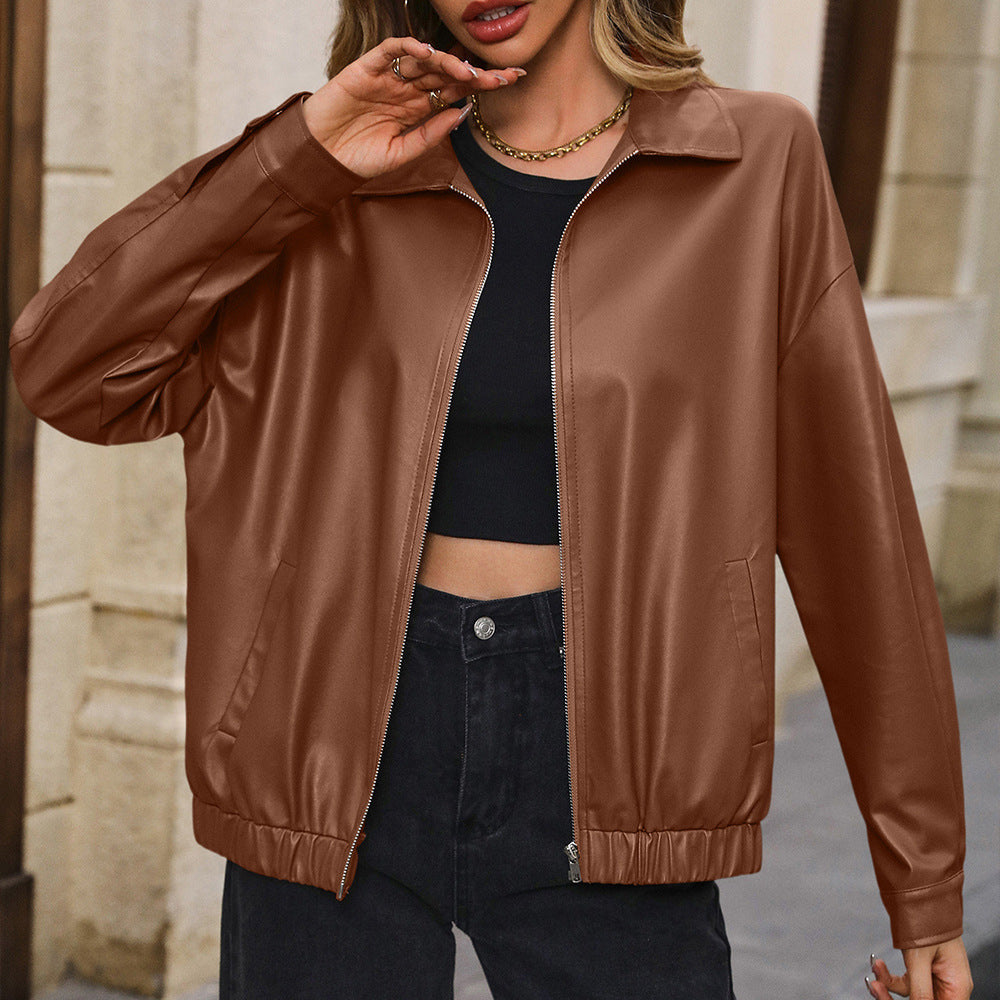 Women’s Biker Jacket – PU Leather – Relaxed Fit – Cropped – Zipper – Press Stud Cuffs