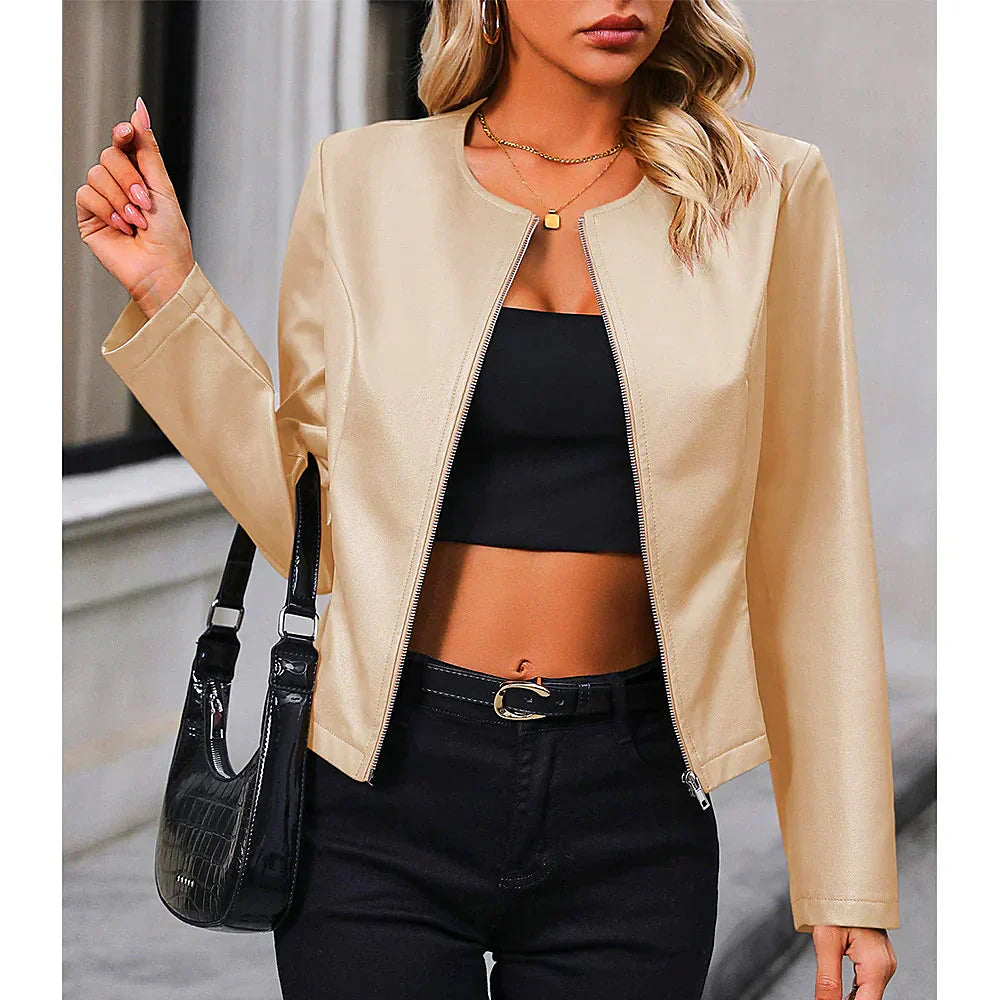 Women’s Biker Jacket – Slim Fit – Imitation Leather – Cropped Length – Minimal Design