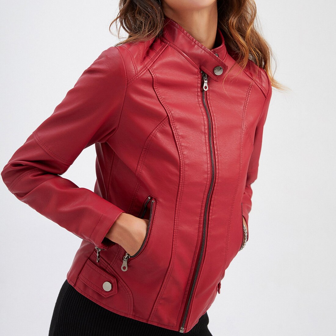 Women’s Biker Jacket – Tailored Fit – Stand Collar – Zipped Pockets – Waist Length