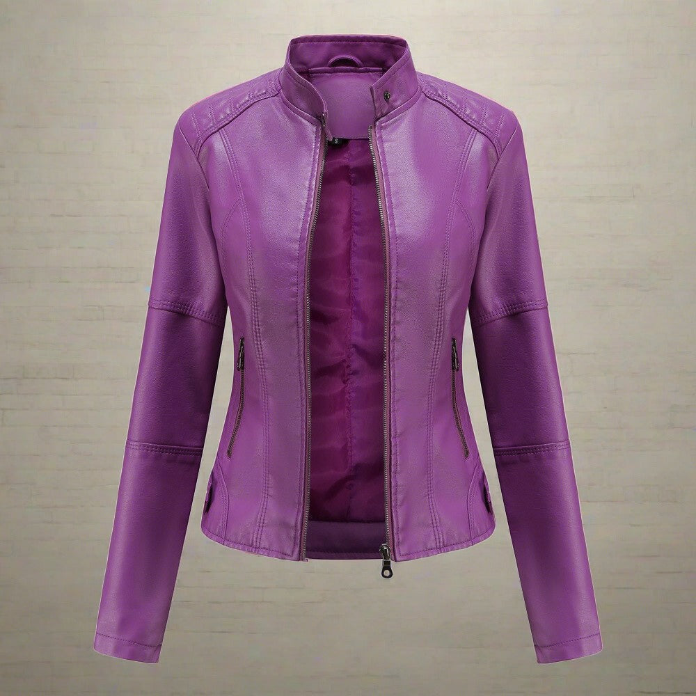 Women’s Biker Jacket – Tailored Fit – Stand Collar – Zipped Pockets – Waist Length