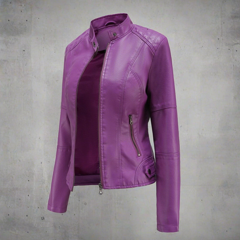 Women’s Biker Jacket – Tailored Fit – Stand Collar – Zipped Pockets – Waist Length