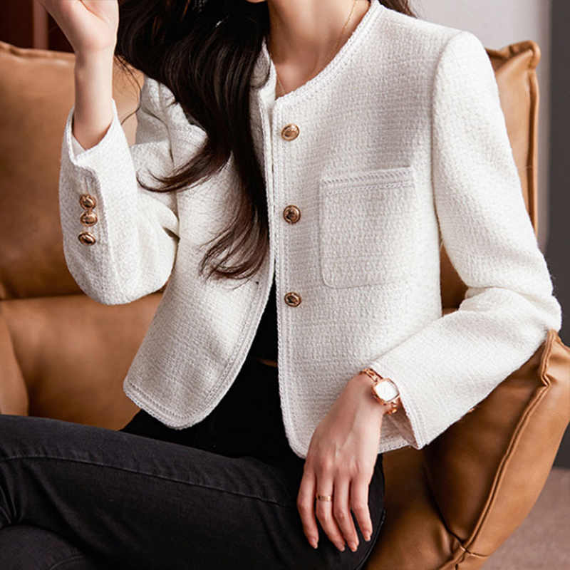 Women’s Blazer – Cropped Tailored Fit – Textured Fabric – Round Neck – Button Front