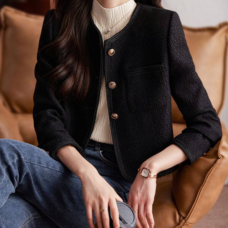 Women’s Blazer – Cropped Tailored Fit – Textured Fabric – Round Neck – Button Front