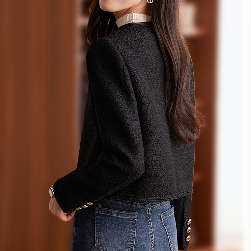 Women’s Blazer – Cropped Tailored Fit – Textured Fabric – Round Neck – Button Front