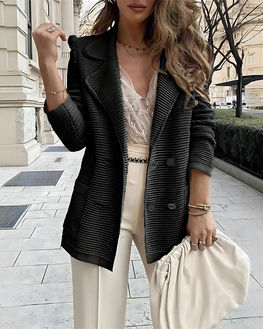 Women’s Blazer Jacket – Double-Breasted – Ribbed Knit – Relaxed Fit – Notched Lapel