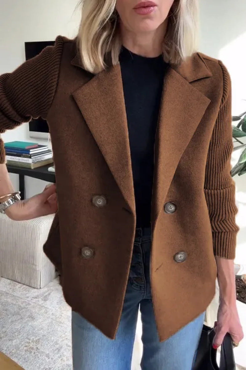 Women’s Blazer Jacket – Wool Blend – Ribbed Puff Sleeves – Double-Breasted Fit