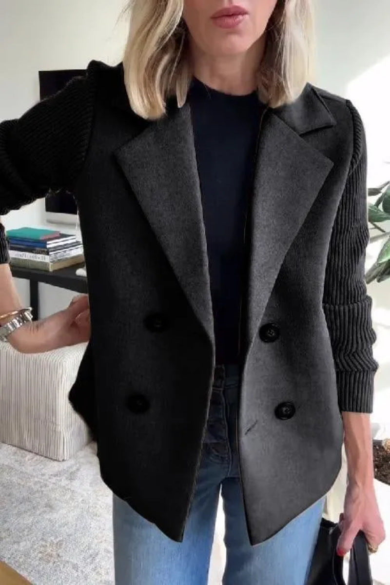 Women’s Blazer Jacket – Wool Blend – Ribbed Puff Sleeves – Double-Breasted Fit