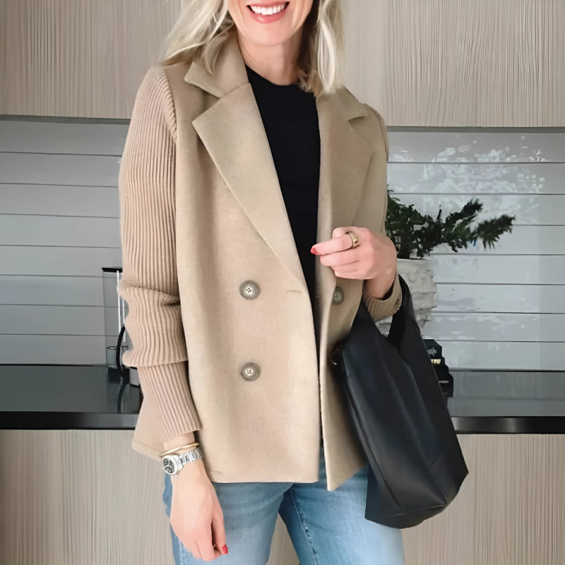 Women’s Blazer Jacket – Wool Blend – Ribbed Puff Sleeves – Double-Breasted Fit
