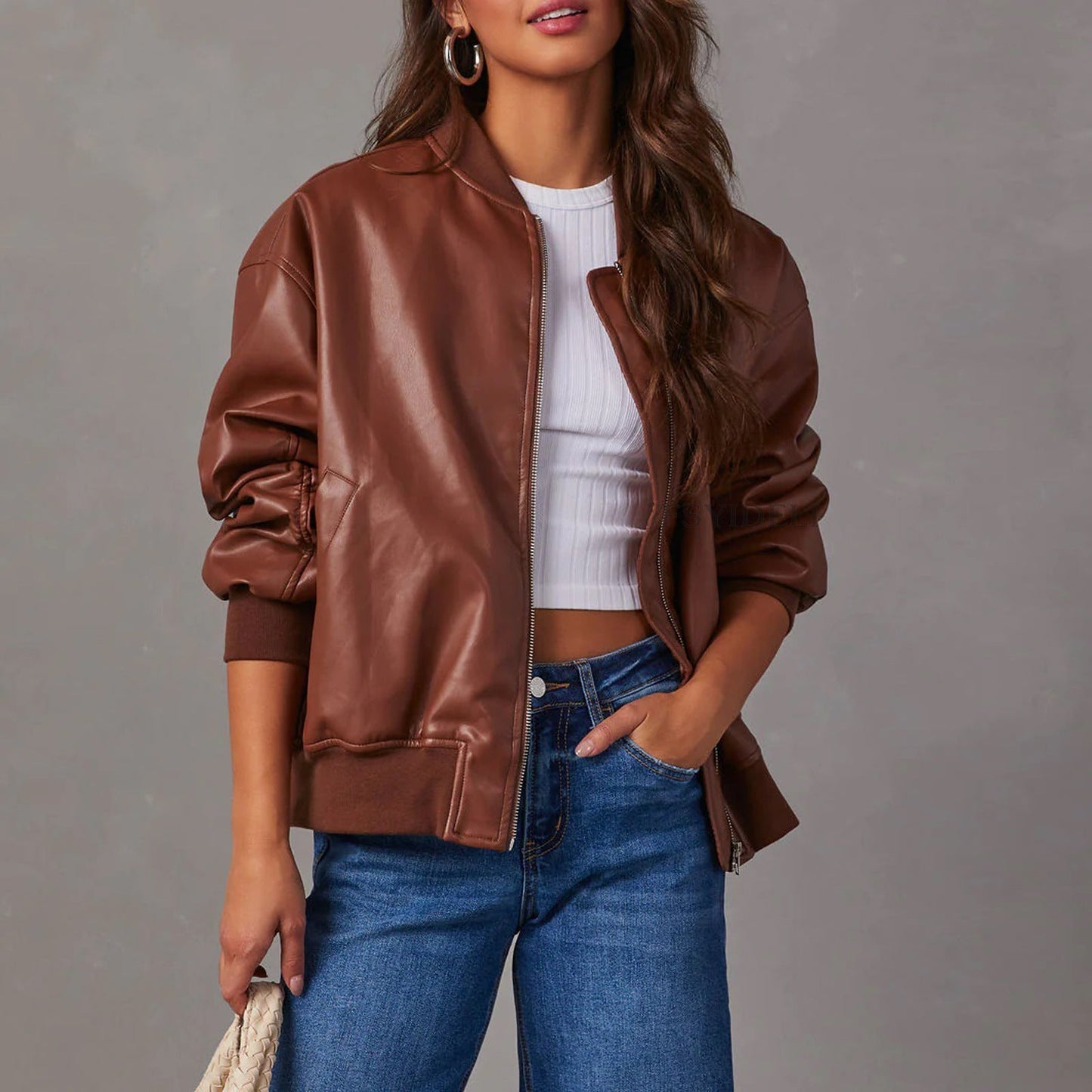 Women’s Bomber Jacket – Oversized Relaxed Fit – Ribbed Trim – Full Zip Closure