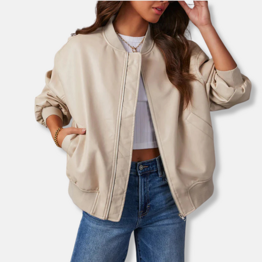 Women’s Bomber Jacket – Oversized Relaxed Fit – Ribbed Trim – Full Zip Closure