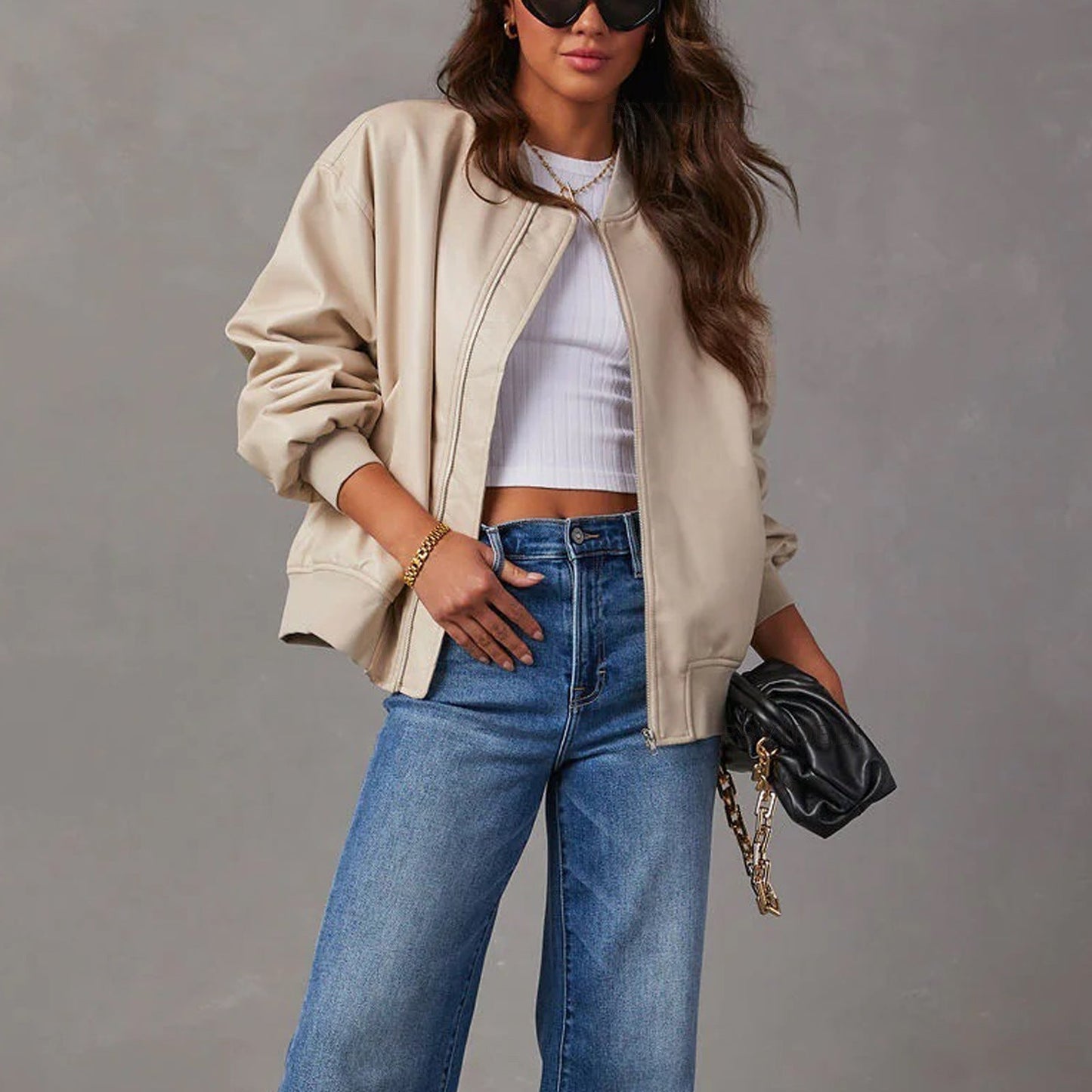 Women’s Bomber Jacket – Oversized Relaxed Fit – Ribbed Trim – Full Zip Closure