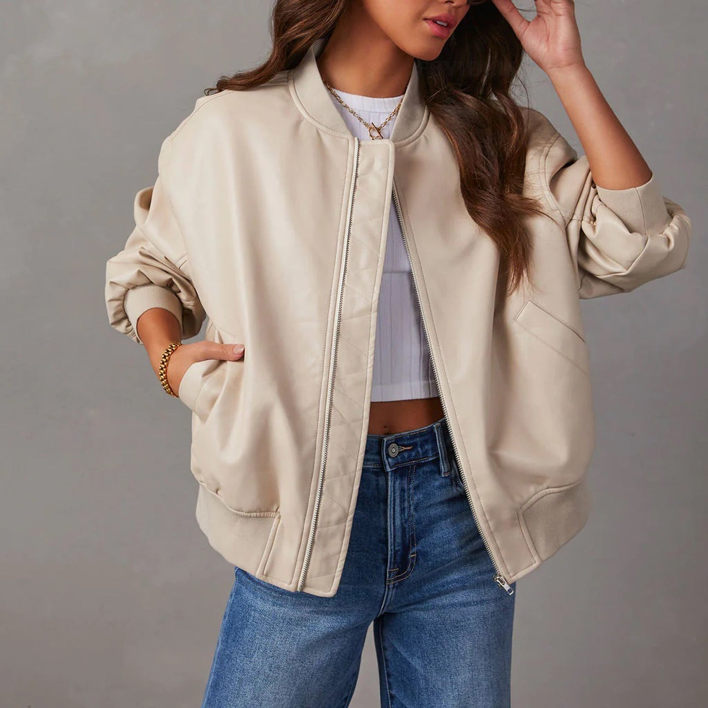 Women’s Bomber Jacket – Oversized Relaxed Fit – Ribbed Trim – Full Zip Closure