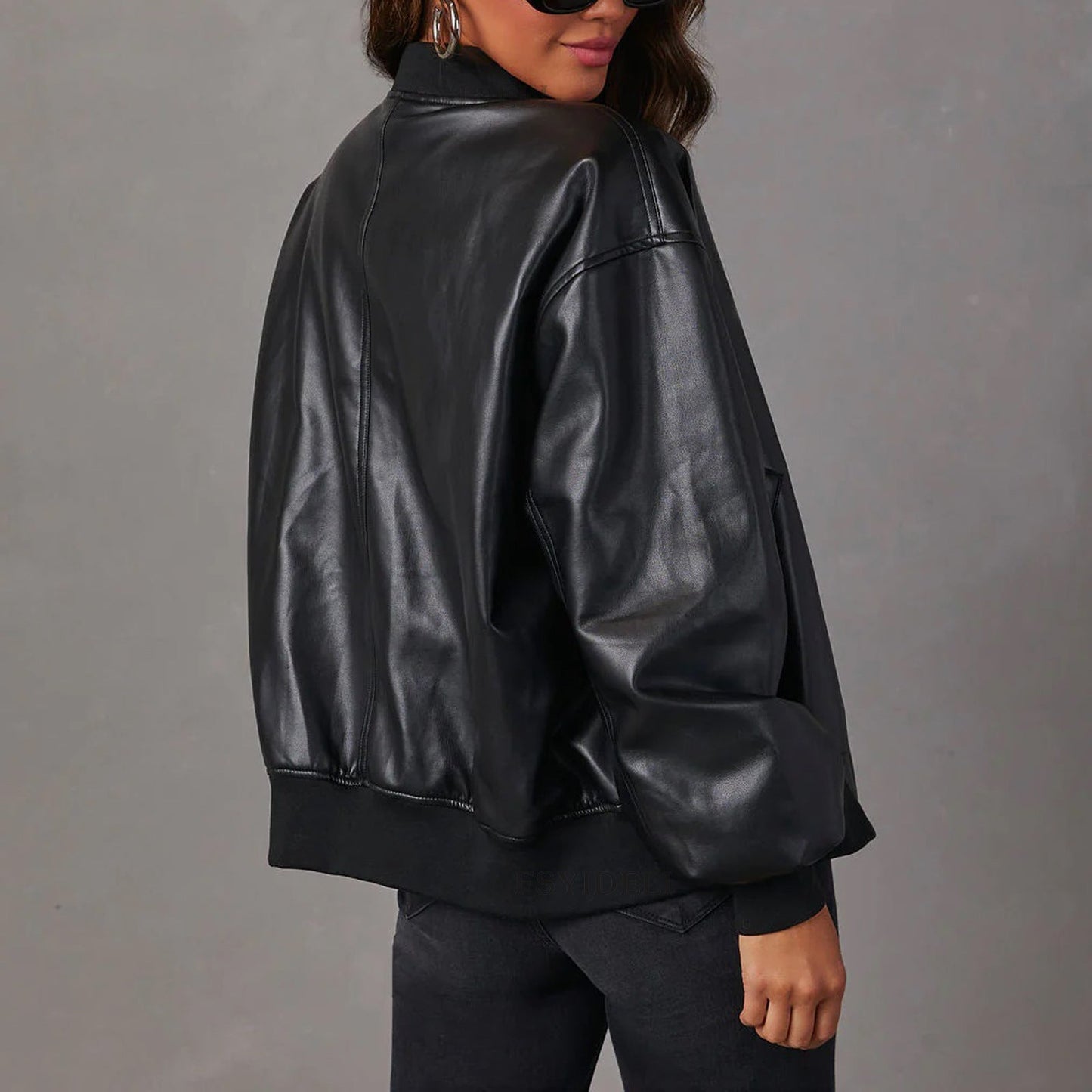 Women’s Bomber Jacket – Oversized Relaxed Fit – Ribbed Trim – Full Zip Closure