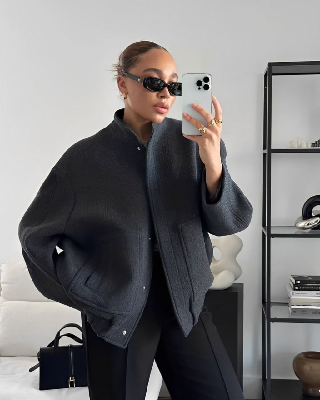 Women’s Bomber Jacket - Oversized Relaxed Fit - Textured Plush Fabric - Snap Button Closure