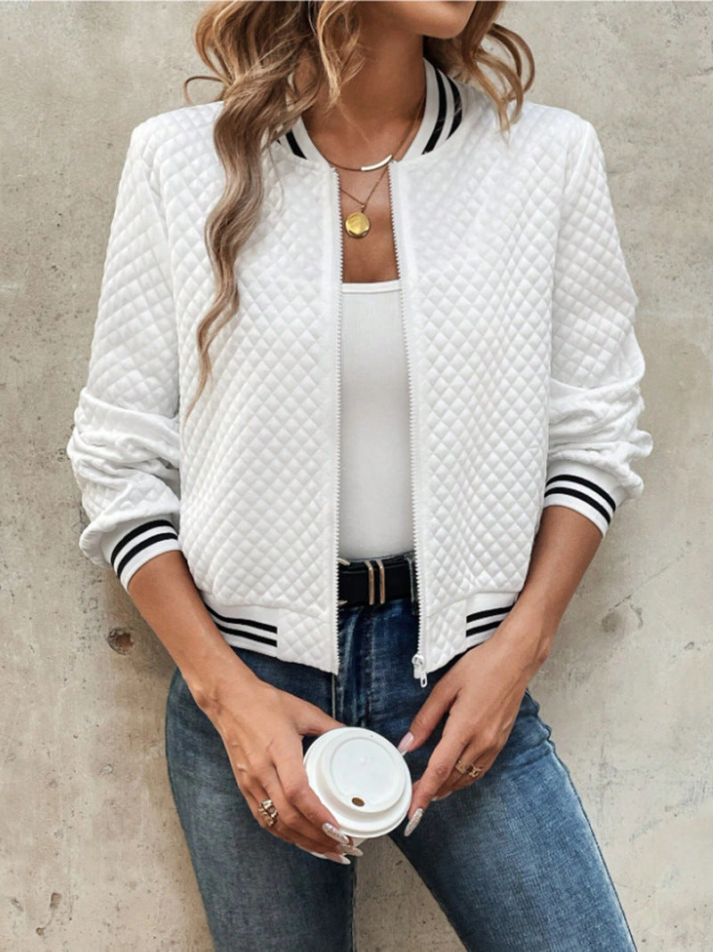 Women’s Bomber Jacket – Quilted Padded Fabric – Relaxed Fit – Ribbed Trim – Zip Front