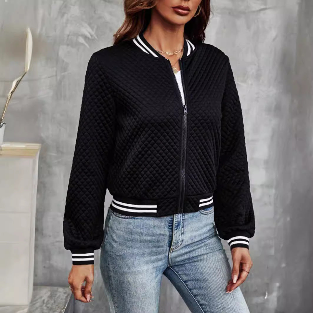 Women’s Bomber Jacket – Quilted Padded Fabric – Relaxed Fit – Ribbed Trim – Zip Front