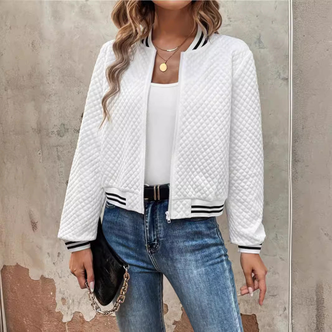 Women’s Bomber Jacket – Quilted Padded Fabric – Relaxed Fit – Ribbed Trim – Zip Front