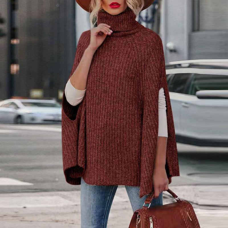 Women’s Cape Sweater – Wool Blend – Loose Fit – Turtleneck – Ribbed Knit Design
