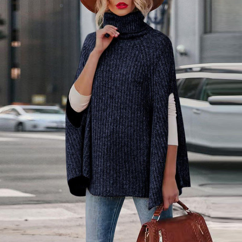Women’s Cape Sweater – Wool Blend – Loose Fit – Turtleneck – Ribbed Knit Design