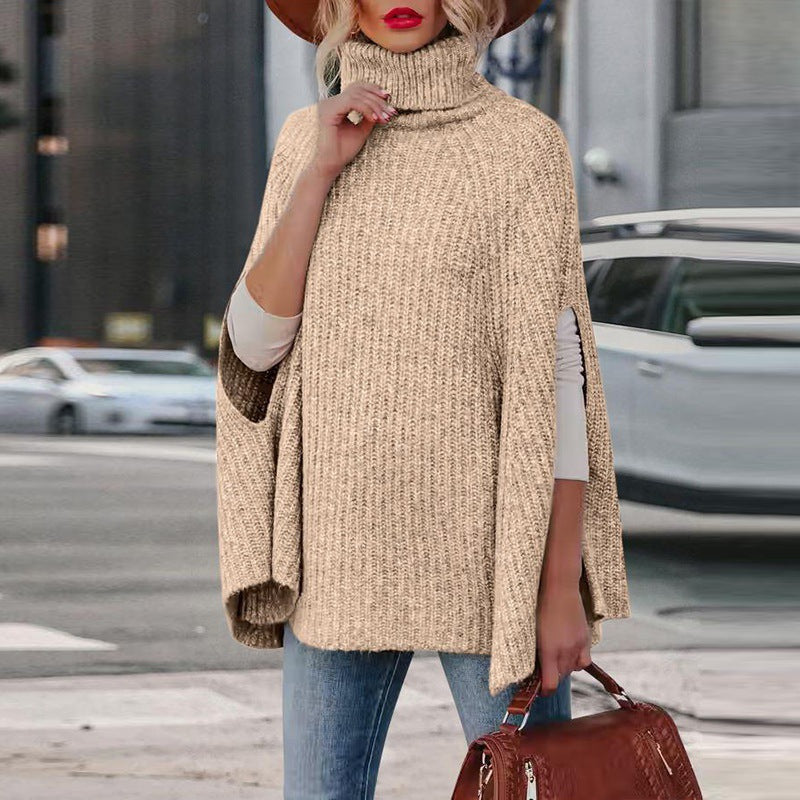Women’s Cape Sweater – Wool Blend – Loose Fit – Turtleneck – Ribbed Knit Design