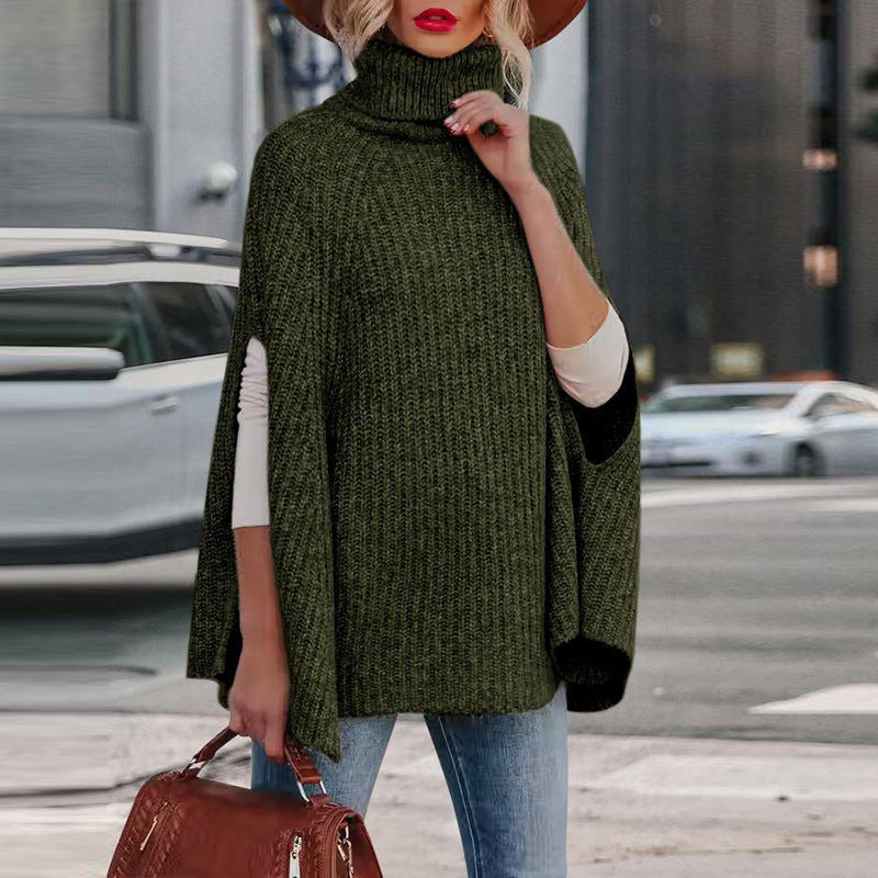 Women’s Cape Sweater – Wool Blend – Loose Fit – Turtleneck – Ribbed Knit Design